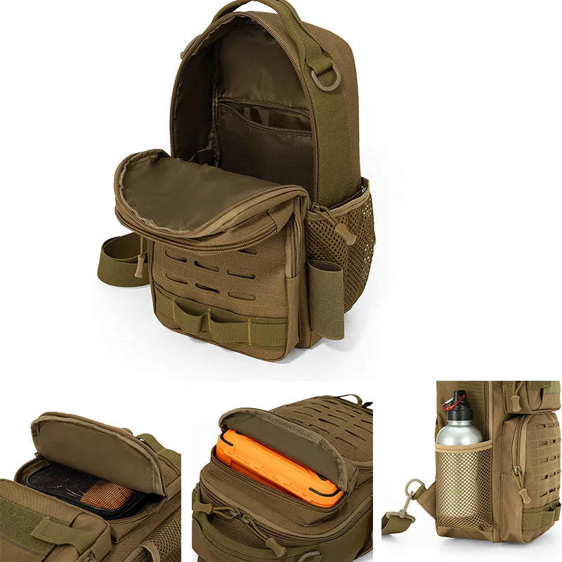 Khaki tactical chest bag by Corporación Turística for climbing, with accessories and multiple compartments for outdoor activities.