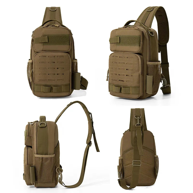 Khaki tactical chest bag for climbing by Corporación Turística, with adjustable straps and multiple compartments for gear accessories.