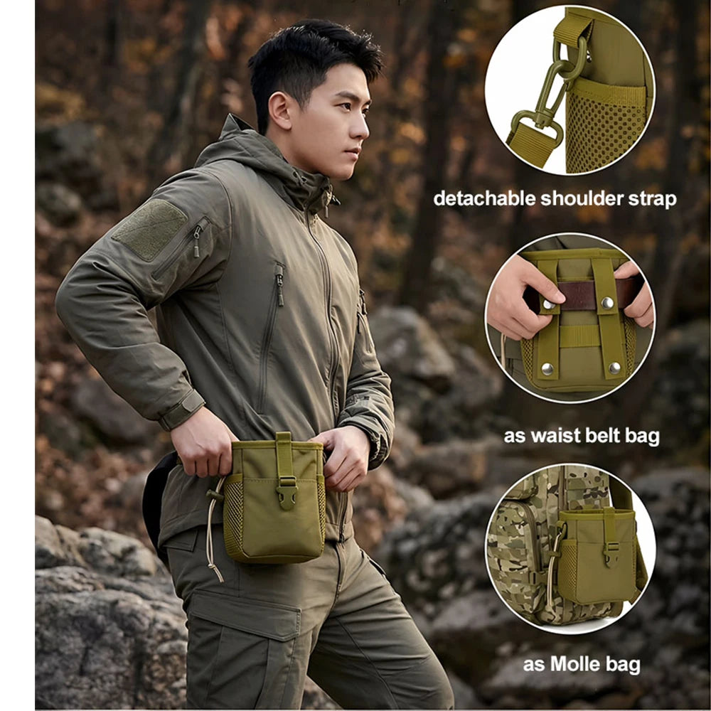 Khaki tactical MOLLE pouch with cord for belt, waist bag, designed for outdoor and tactical use, by Corporación Turística.