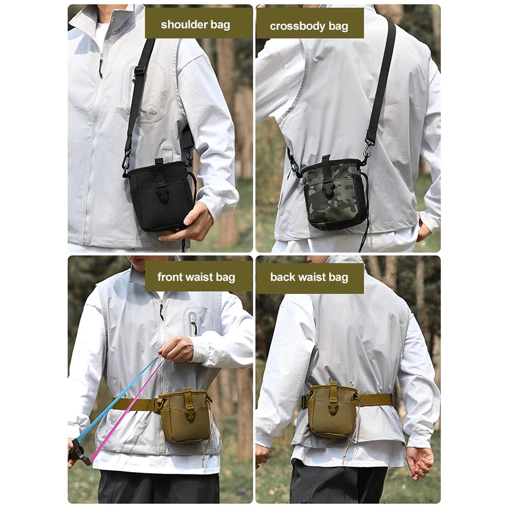 Khaki tactical MOLLE pouch with cord and belt loop, suitable for military or outdoor use, from Corporación Turística.