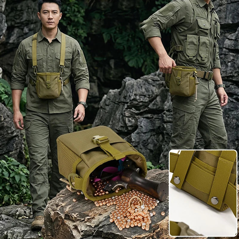 Khaki tactical Molle pouch with cord for belt, versatile waist bag designed by Corporación Turística, featuring multiple attachment points.