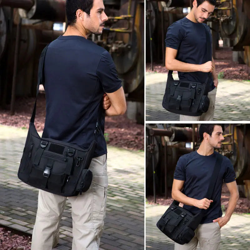 Khaki 14-inch laptop shoulder bag by Corporación Turística, with adjustable strap and padded interior for laptop protection.