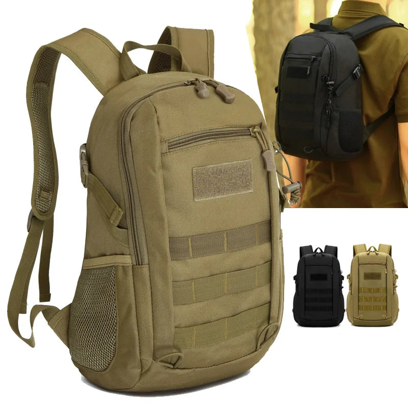 Khaki tactical mini backpack by Corporación Turística, 10L/20L capacity, ideal for outdoor travel and adventures.