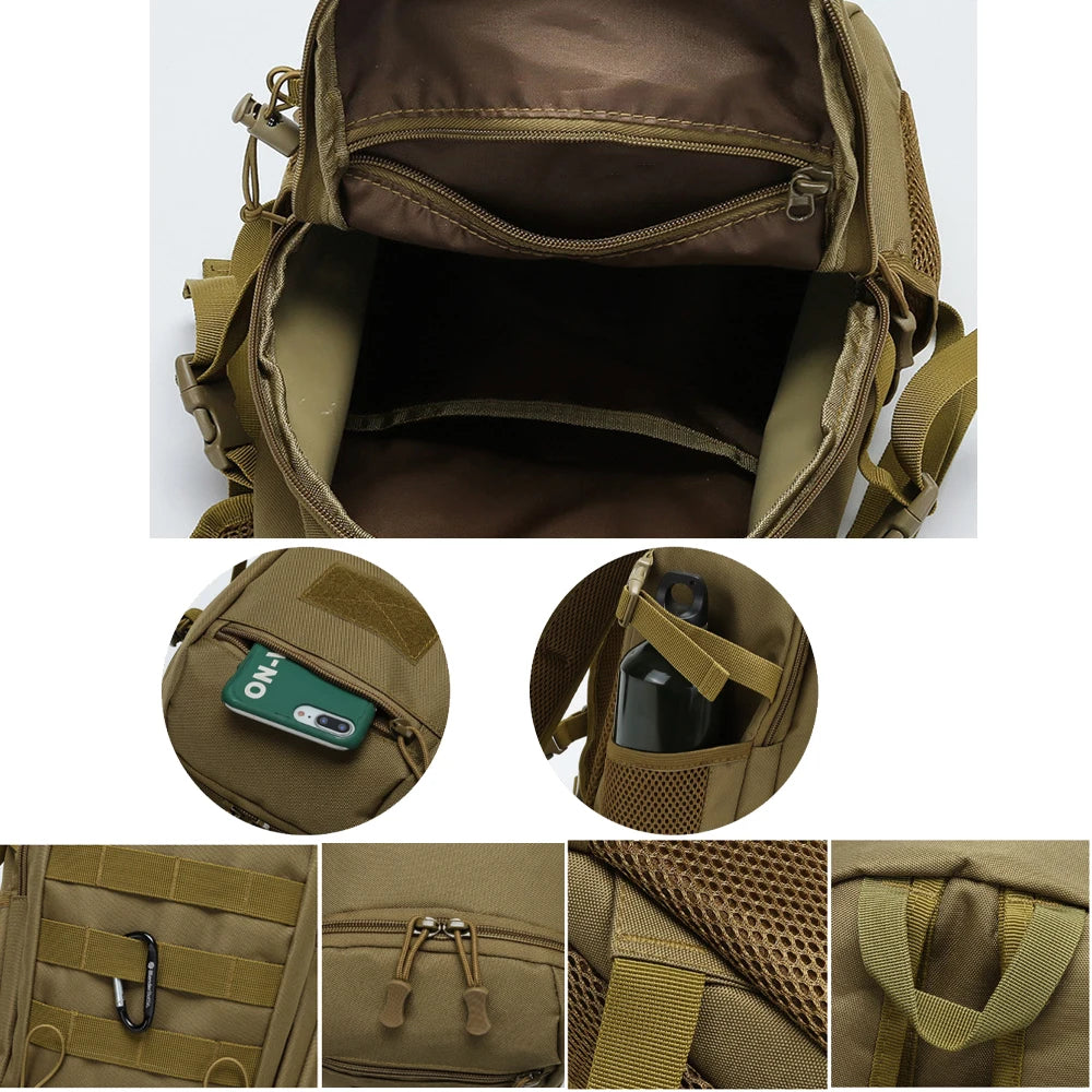 Khaki tactical mini backpack by Corporación Turística, 10L/20L capacity, ideal for outdoor travel and adventure activities.