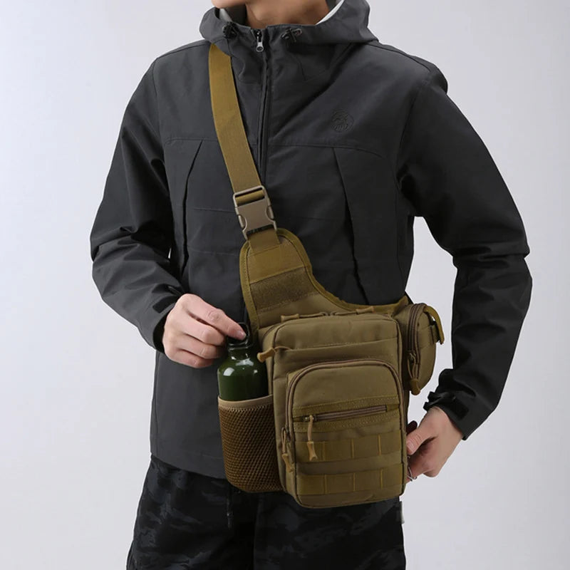 Khaki tactical Molle waist bag for men, chest pack with multiple compartments by Corporación Turística, outdoor gear for adventure.