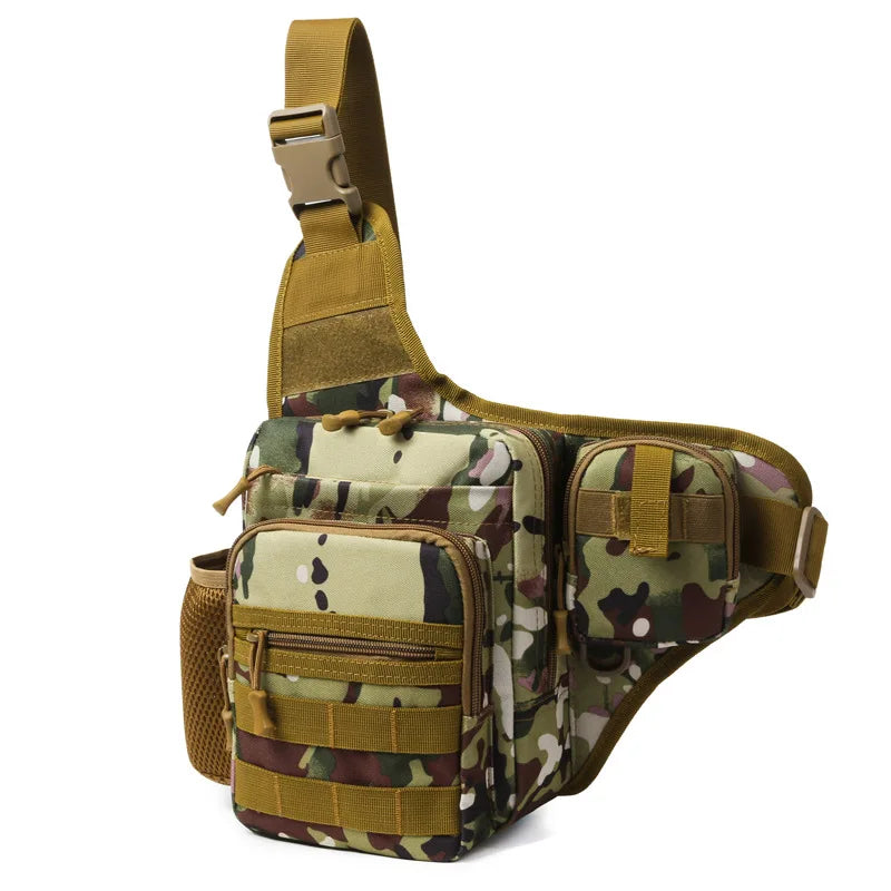 Khaki tactical Molle waist pack for men, chest bag by Corporación Turística with adjustable straps and multiple storage compartments.