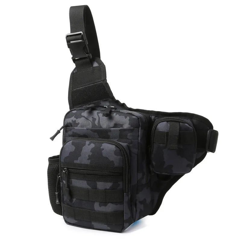 Khaki tactical Molle waist bag for men, chest pack with multiple compartments, designed for outdoor and tactical use by Corporación Turística.