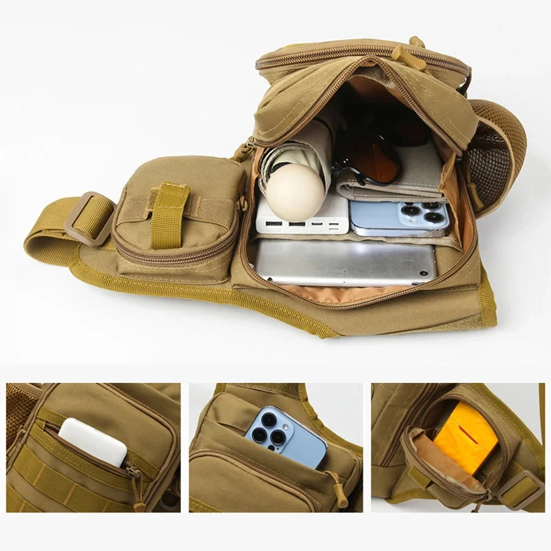 Khaki tactical Molle waist bag for men, chest pouch with multiple compartments, by Corporación Turística.