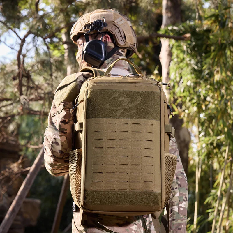 Khaki climbing backpack by Corporación Turística with Molle system, outdoor tactical bag for hiking and adventure activities.