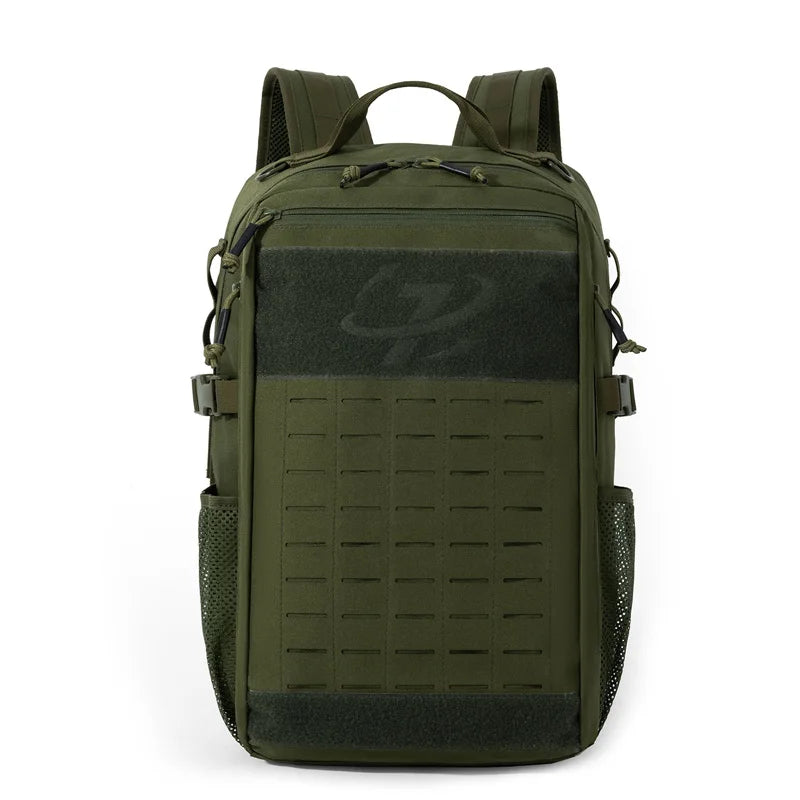 Khaki climbing backpack by Corporación Turística with tactical MOLLE system, ideal for outdoor adventures and hiking.
