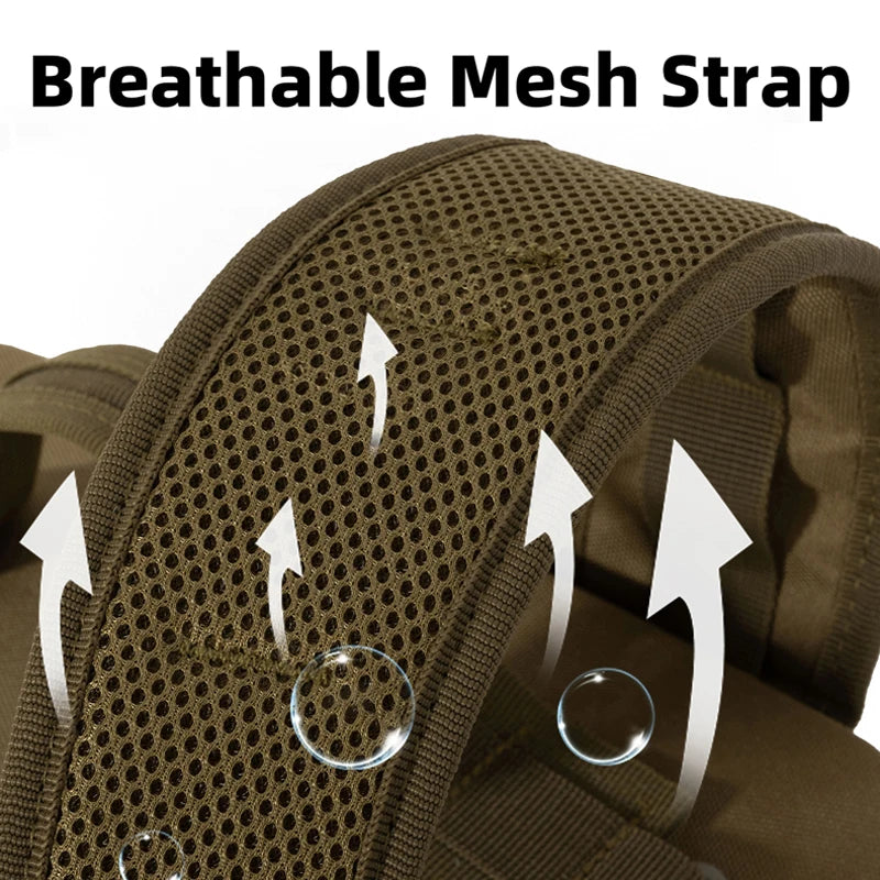 Khaki climbing backpack by Corporación Turística with tactical Molle system, ideal for outdoor adventures and hiking.
