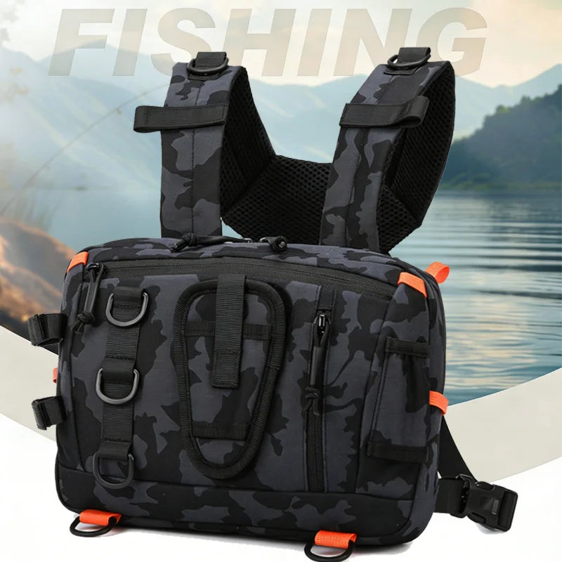 Khaki tactical camping backpack with front chest panel from Corporación Turística, featuring multiple storage compartments and durable straps.