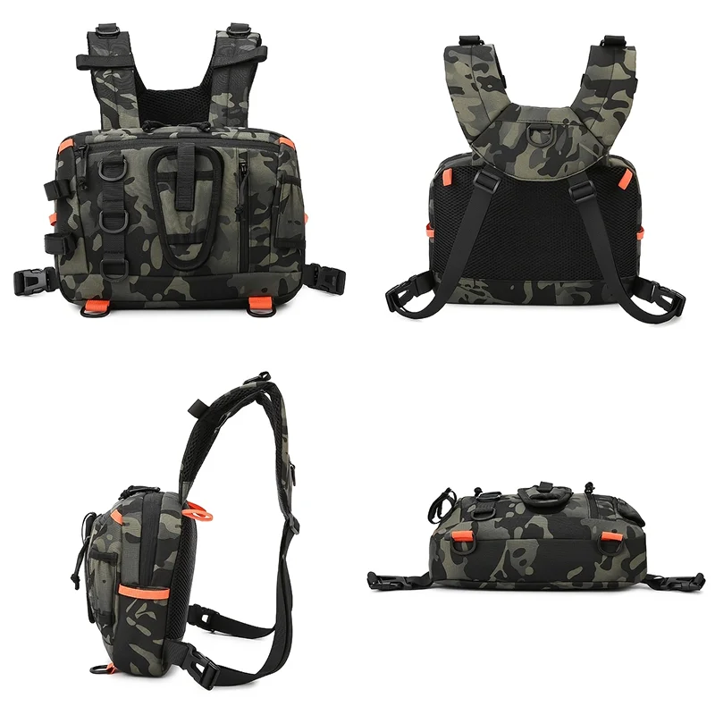 Khaki tactical camping backpack with front chest vest by Corporación Turística, featuring multiple compartments and adjustable straps.