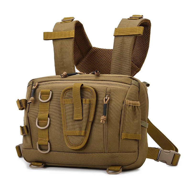 Khaki tactical camping backpack with front chest vest from Corporación Turística, featuring multiple compartments and adjustable straps.