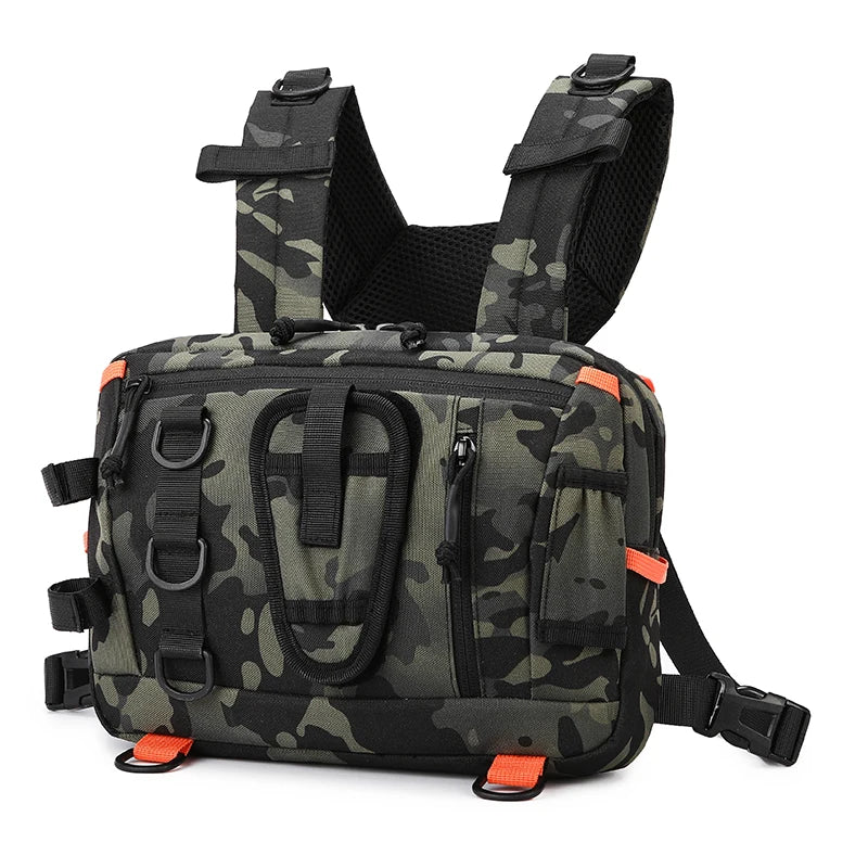 Khaki tactical camping backpack with front chest vest and multiple compartments, designed for outdoor adventures.