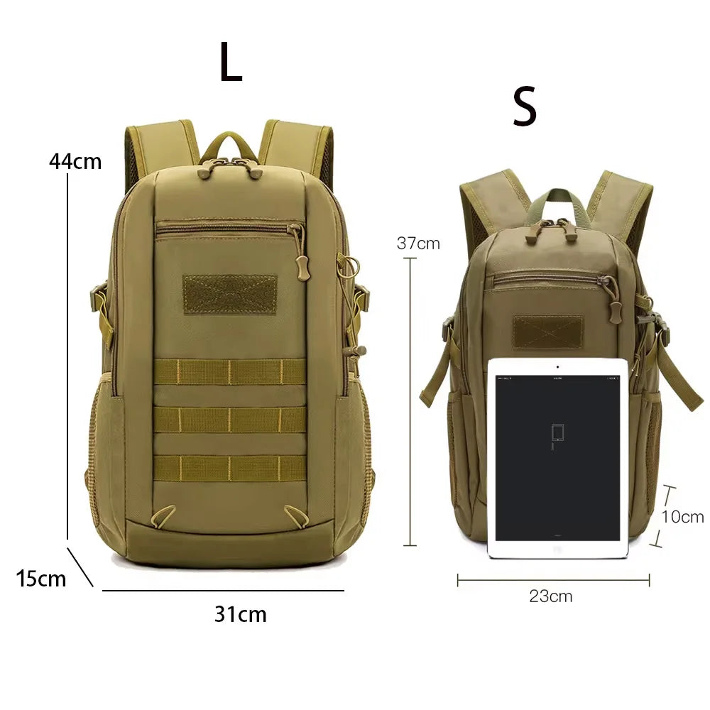 Khaki outdoor travel backpack from Corporación Turística, available in 10L and 20L sizes, compact and lightweight for hiking.
