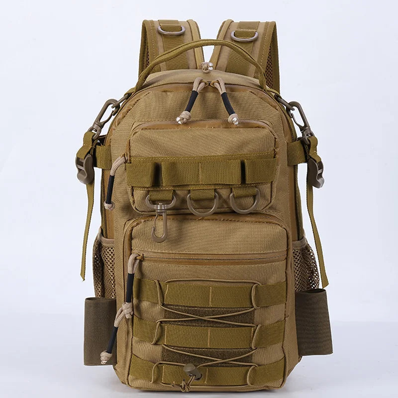 Khaki fishing lure and tactical camping backpack by Corporación Turística, showing multiple compartments and sturdy design for outdoor adventures.