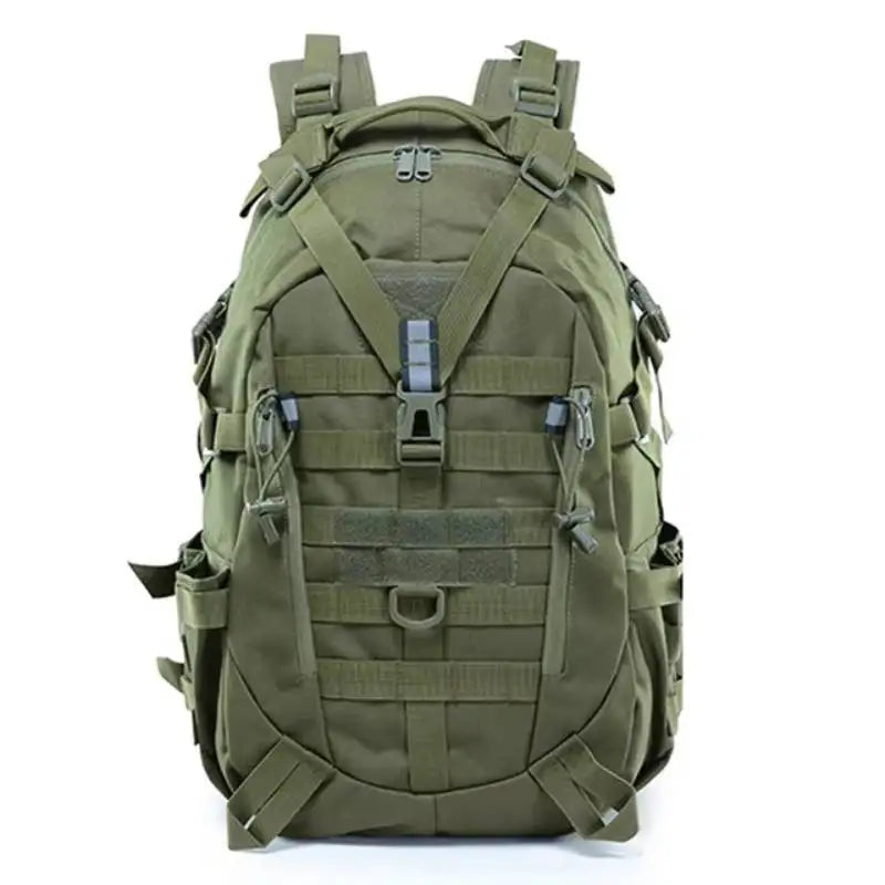Tactical backpack for climbing, camping, hiking, and hunting by Corporación Turística, 30-40 liters with multiple compartments.