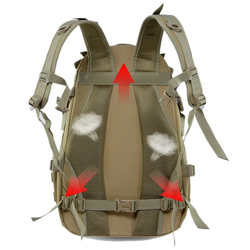 Tactical backpack by Corporación Turística with 30-40 liters capacity, suitable for climbing, camping, hiking, and hunting.