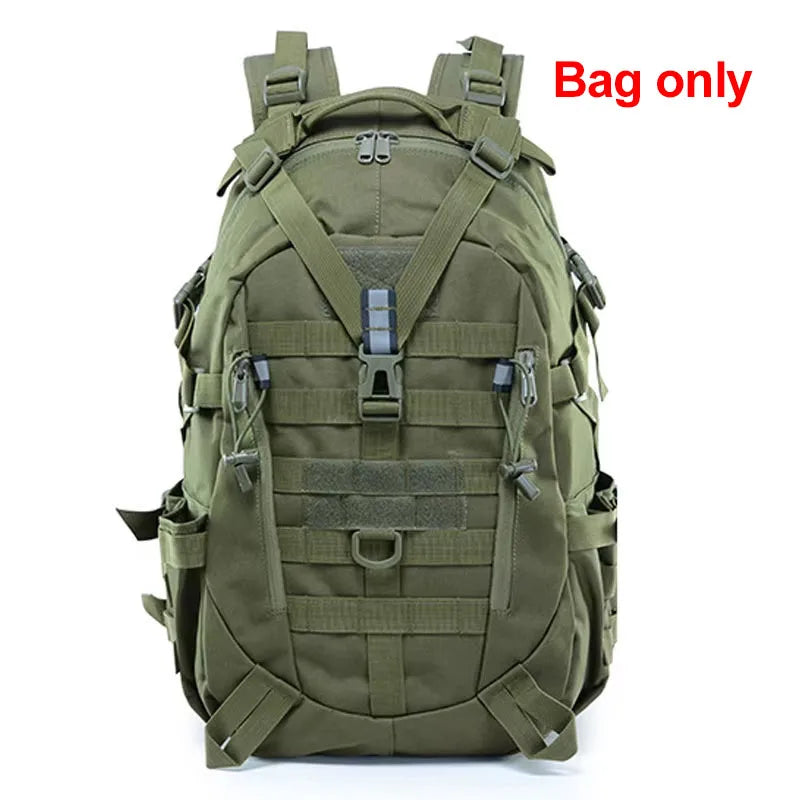 Tactical backpack for climbing, camping, hiking, and hunting by Corporación Turística with multiple compartments and 30-40 liter capacity.