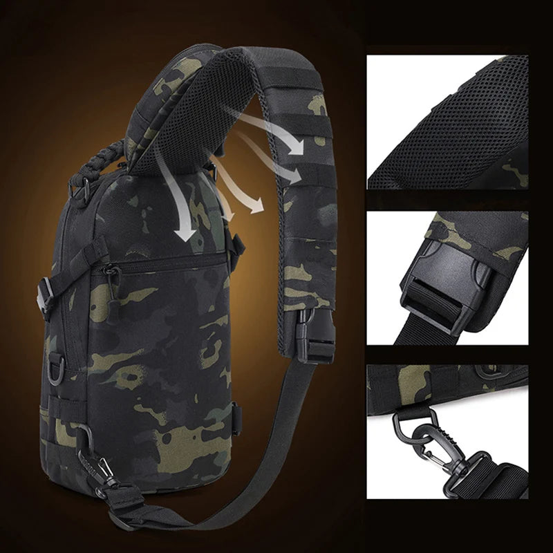 Men's camping chest bag and waist pack by Corporación Turística, durable outdoor backpack for hiking and outdoor activities.
