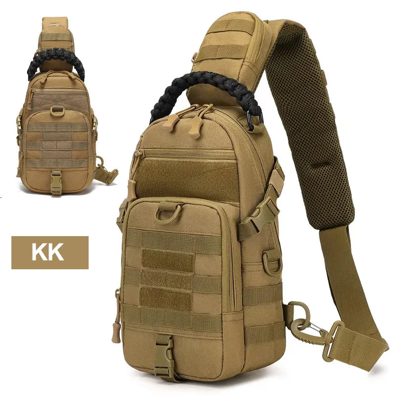 Men's camping chest bag and sports waist pouch by Corporación Turística, compact and lightweight for outdoor activities.