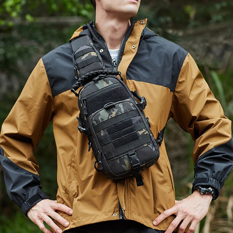 Men's camping chest bag by Corporación Turística, sporty waist pouch with multiple compartments, suitable for outdoor activities.