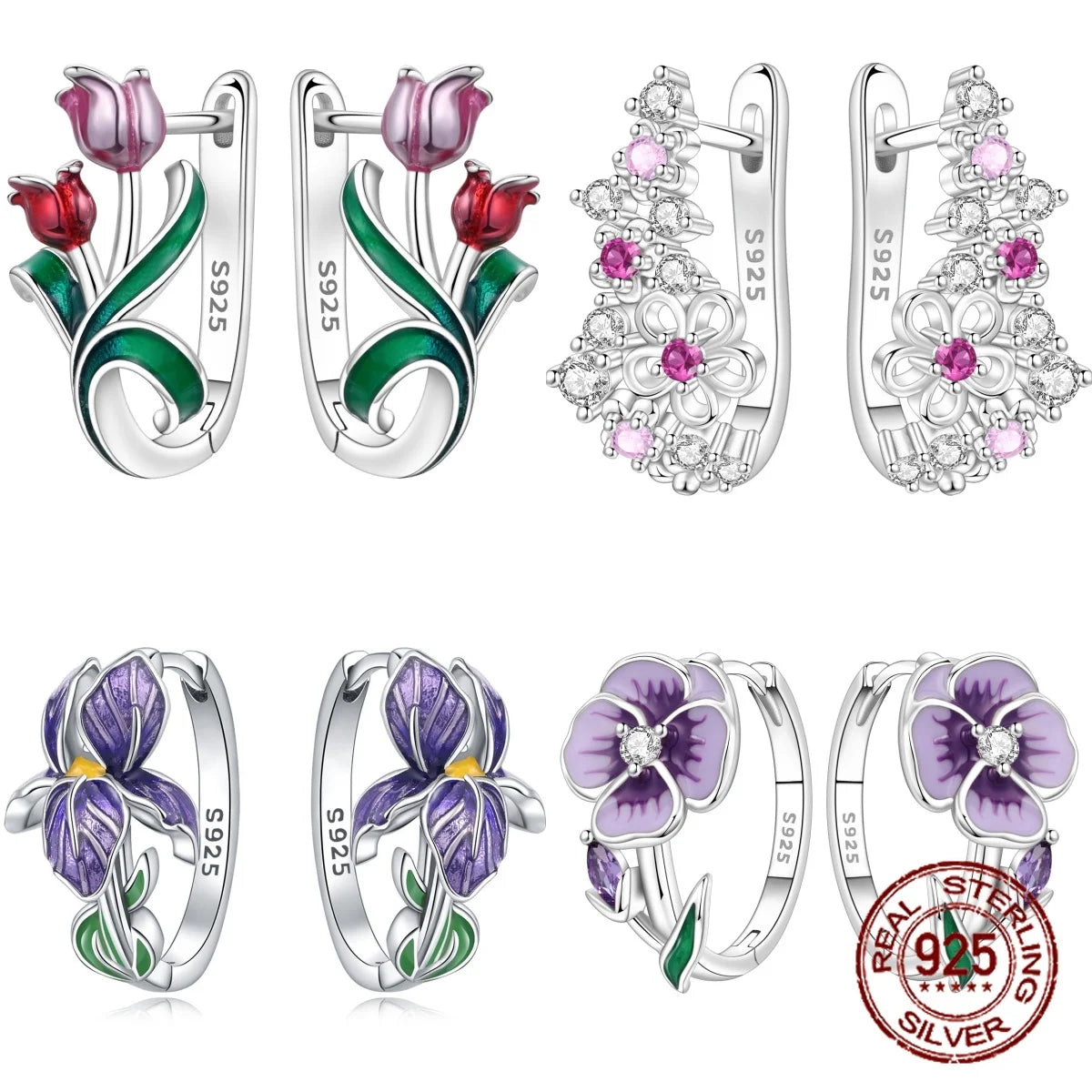 Silver hoop earrings with leaf and flower design, featuring intricate details and floral motifs, ideal for elegant jewelry styles.