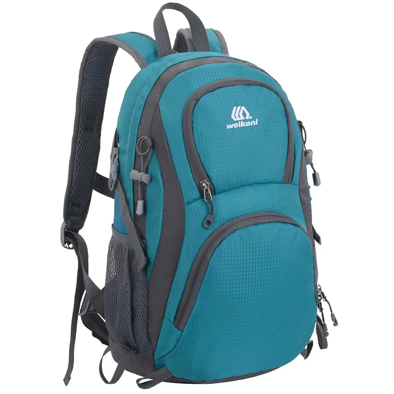 Lightweight travel backpack by Corporación Turística, blue fabric bag suitable for men, women, and kids for travel and outdoor use.