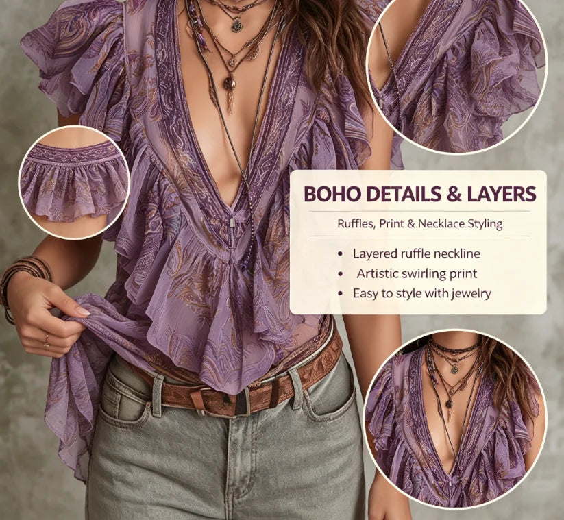 Elegant bohemian print blouse for women by Corporación Turística, featuring a stylish and comfortable design with vibrant patterns.
