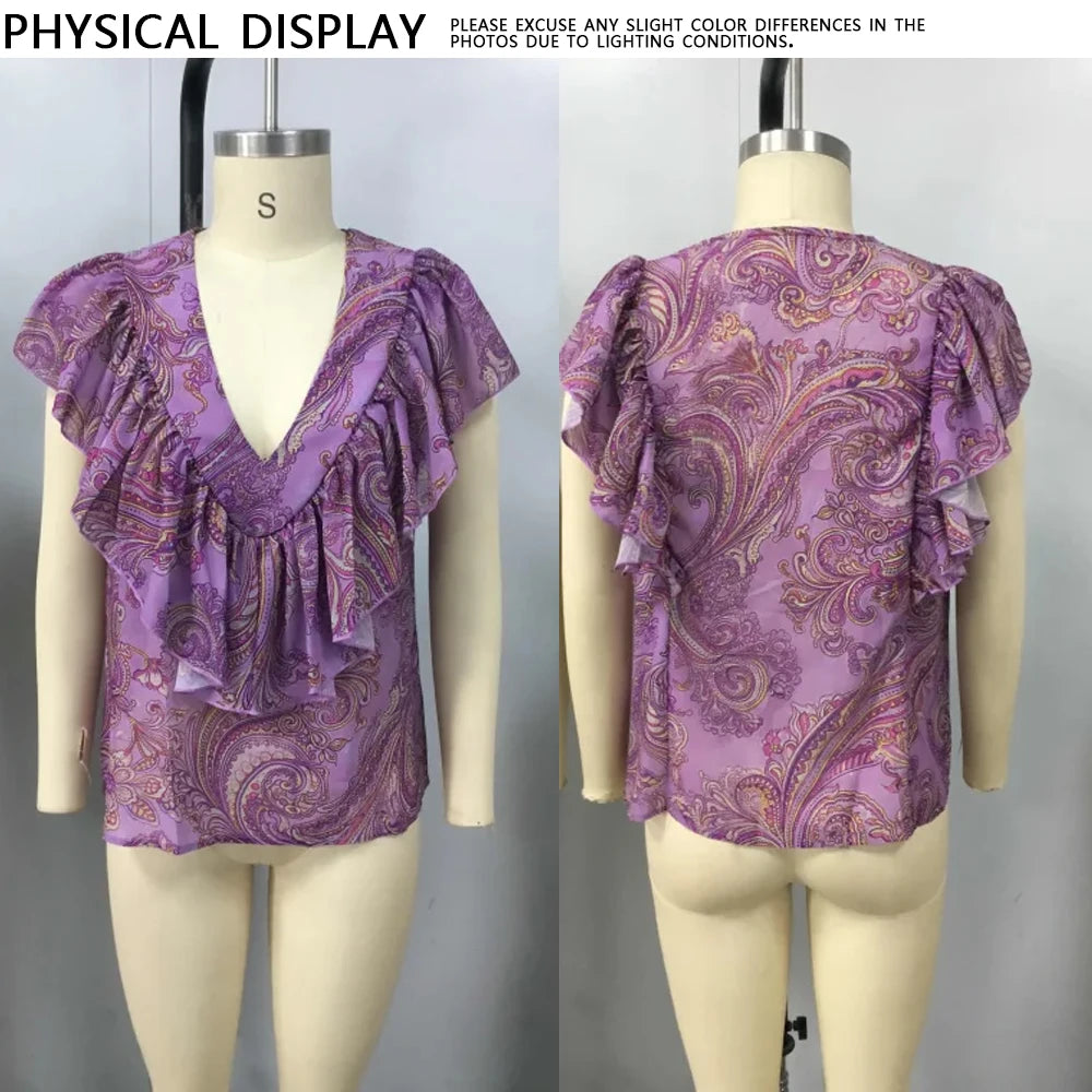 Elegant bohemian print blouse for women by Corporación Turística, featuring a stylish design and vibrant lavender color.