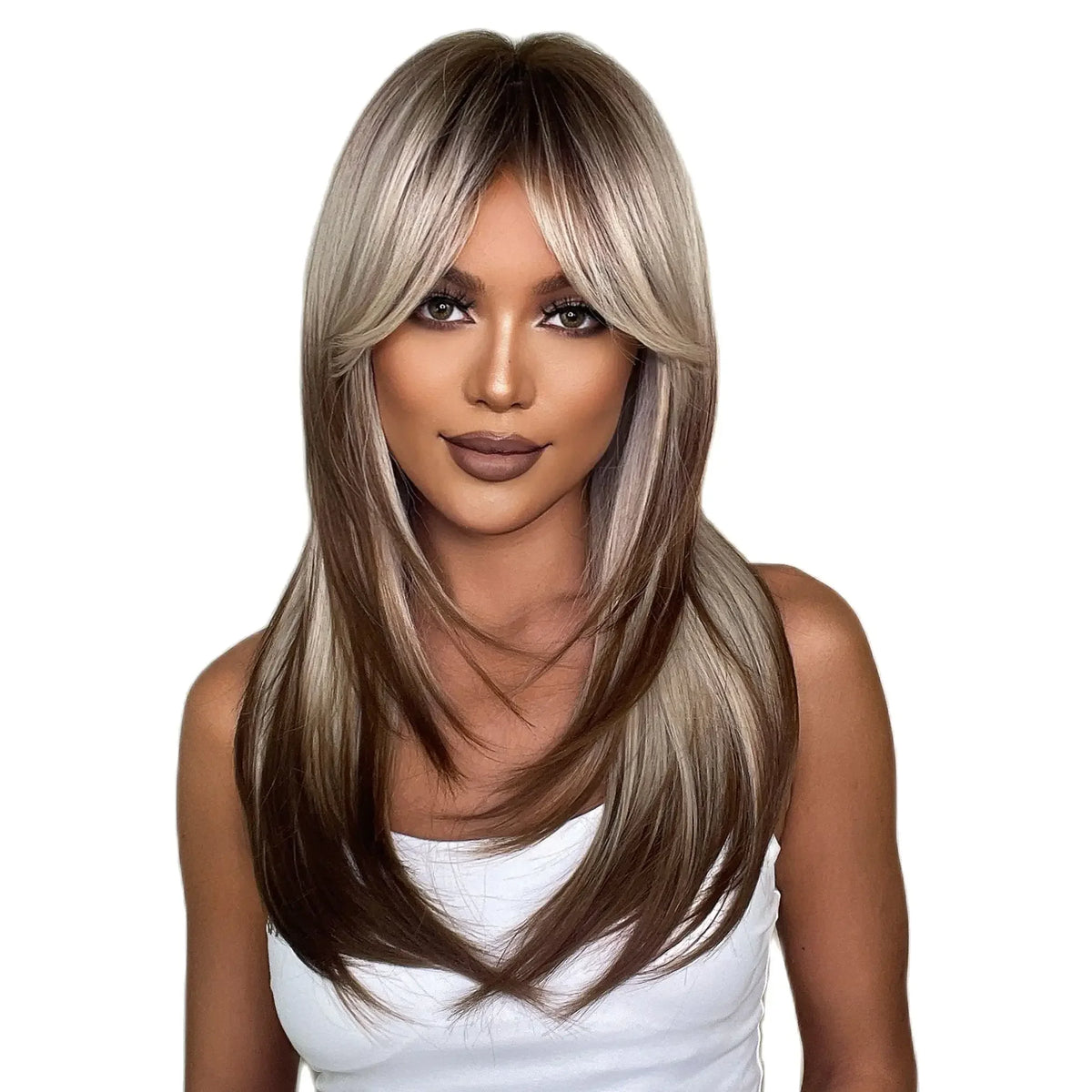 Synthetic hair wig for women featuring long, straight hair in a natural black color, styled for a sleek, modern look.