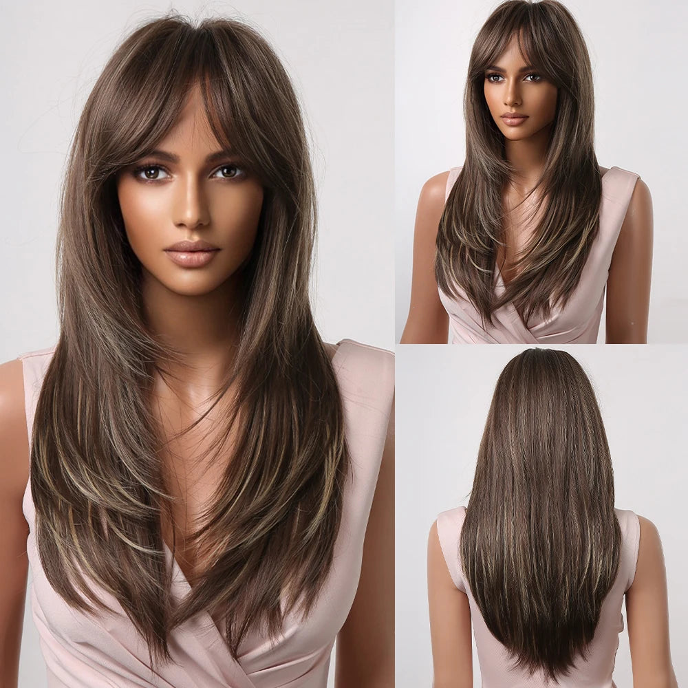 Synthetic hair wig for women by Alan Eaton, with long straight black hair, styled naturally, ideal for everyday wear.