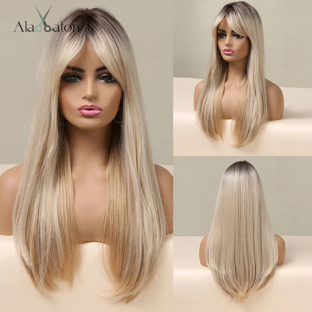 Synthetic hair wig for women by Alan Eaton, featuring long, straight black hair with natural shine and layered style.