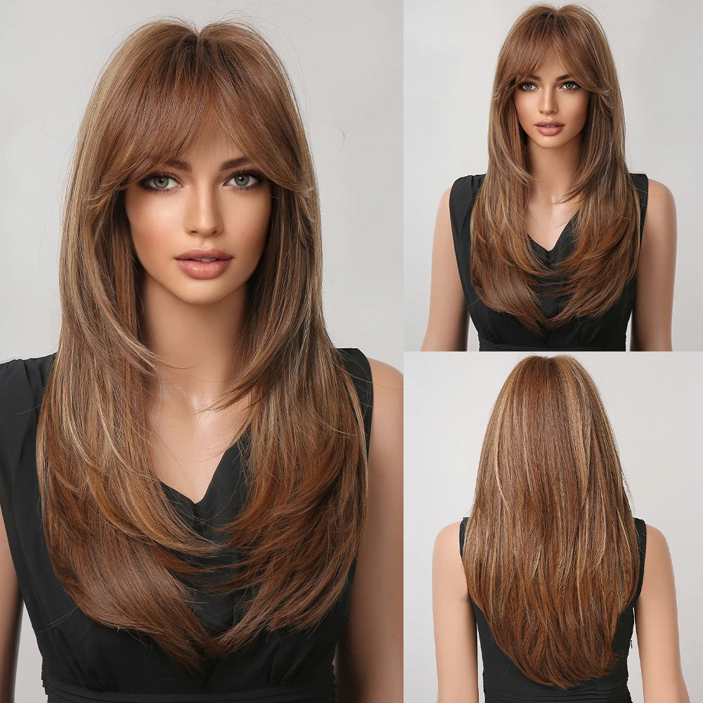 Synthetic hair wig for women by Alan Eaton, featuring long, straight black hair with natural shine and layered style.