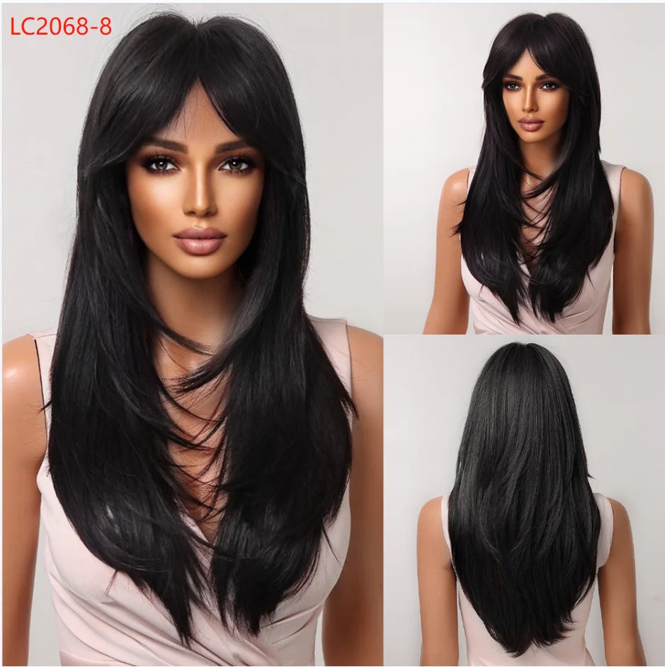 Synthetic hair wig for women by Alan Eaton, featuring long, straight black hair with natural shine.