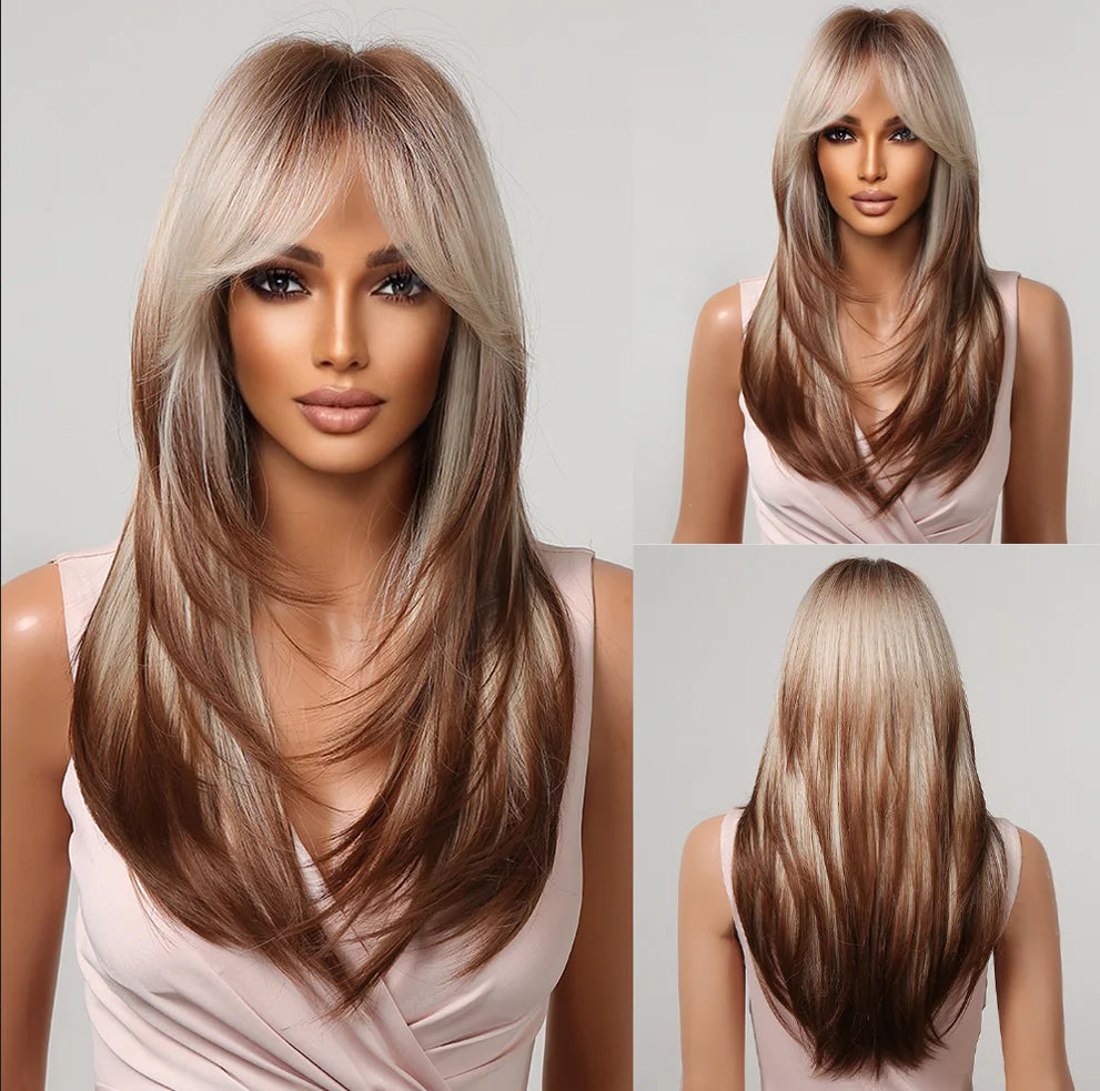 Synthetic hair wig for women by Alan Eaton, featuring long, straight black hair with natural shine and layered style.