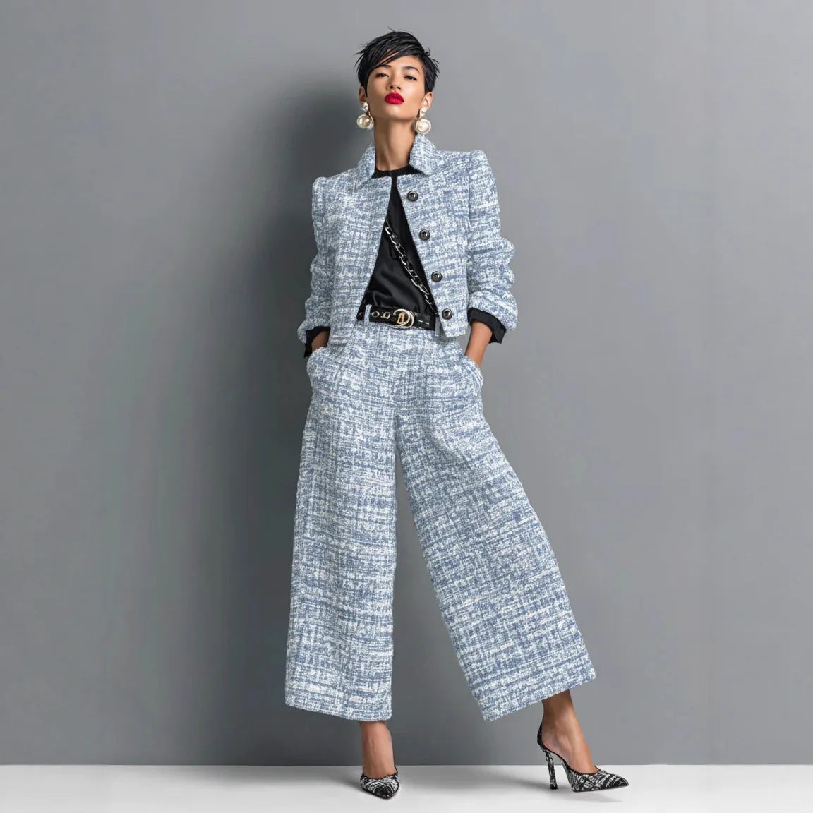 Light blue women's 2-piece set with short jacket by Corporación Turística, featuring a stylish, modern design.