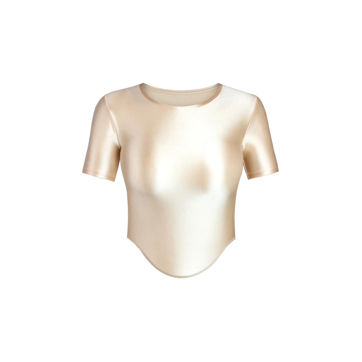 Light purple women's elastic, shiny, and soft T-shirt from MJINM by Corporación Turística, shown on a mannequin.