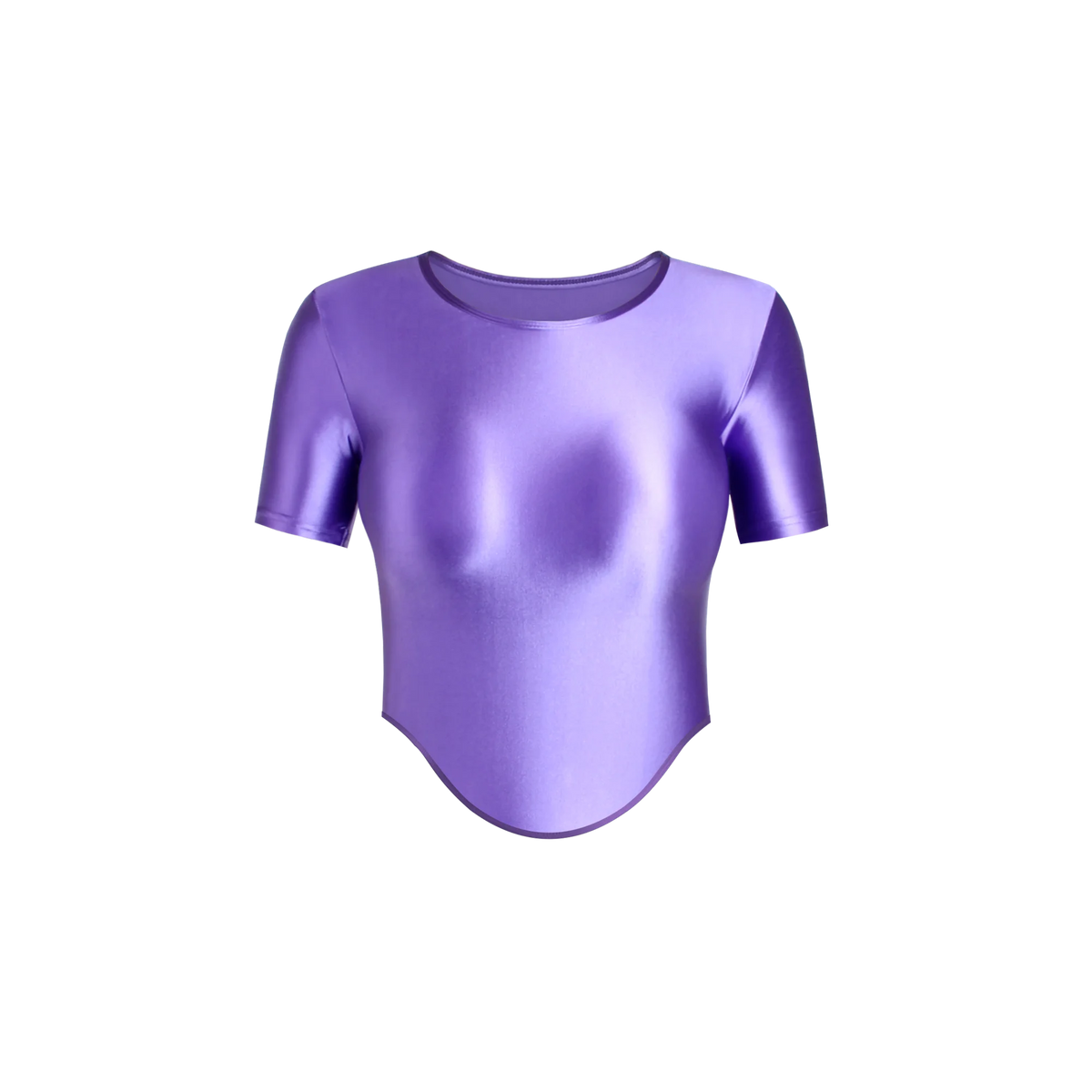 Light purple women's elastic, shiny, and soft T-shirt from MJINM brand, featuring a close-up of the fabric and fit.