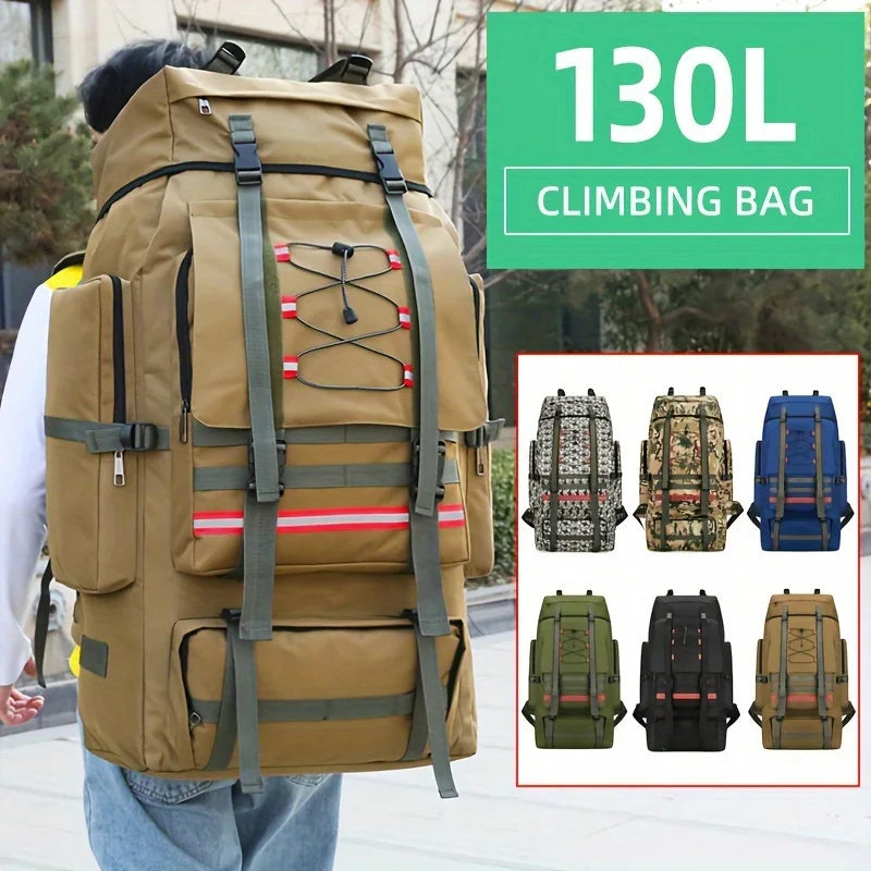 Large 130L hiking and camping backpack by Corporación Turística, showing adjustable straps and multiple compartments.