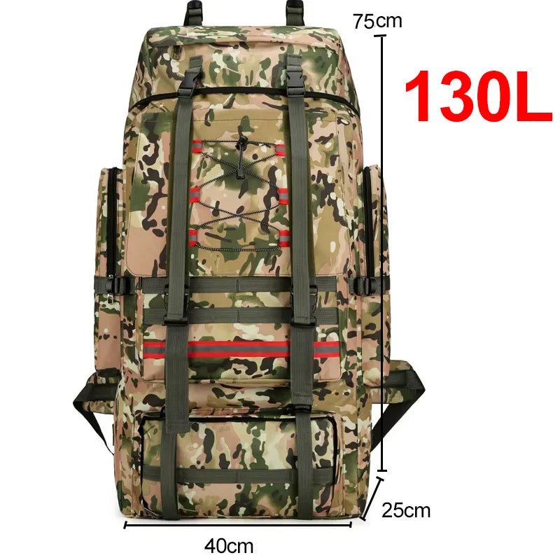 Large 130L hiking and camping backpack by Corporación Turística with multiple straps and compartments for outdoor adventures.