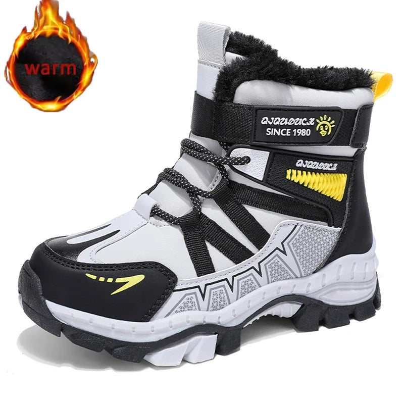 Children's outdoor snow boots by Corporación Turística, winter fashion footwear for kids in a snowy outdoor setting.