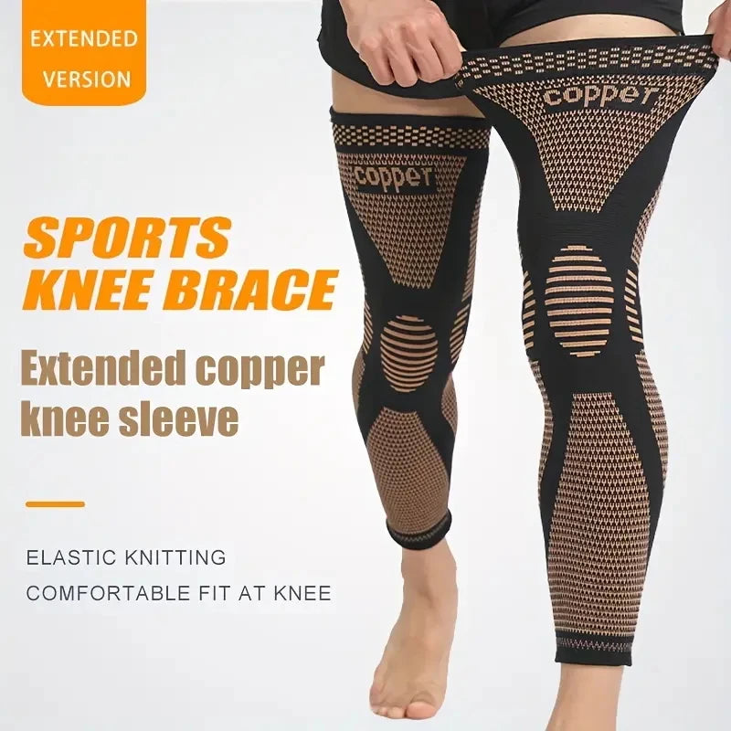 Adjustable compression knee brace made of polyester with copper infusion, designed for support and comfort during activity.