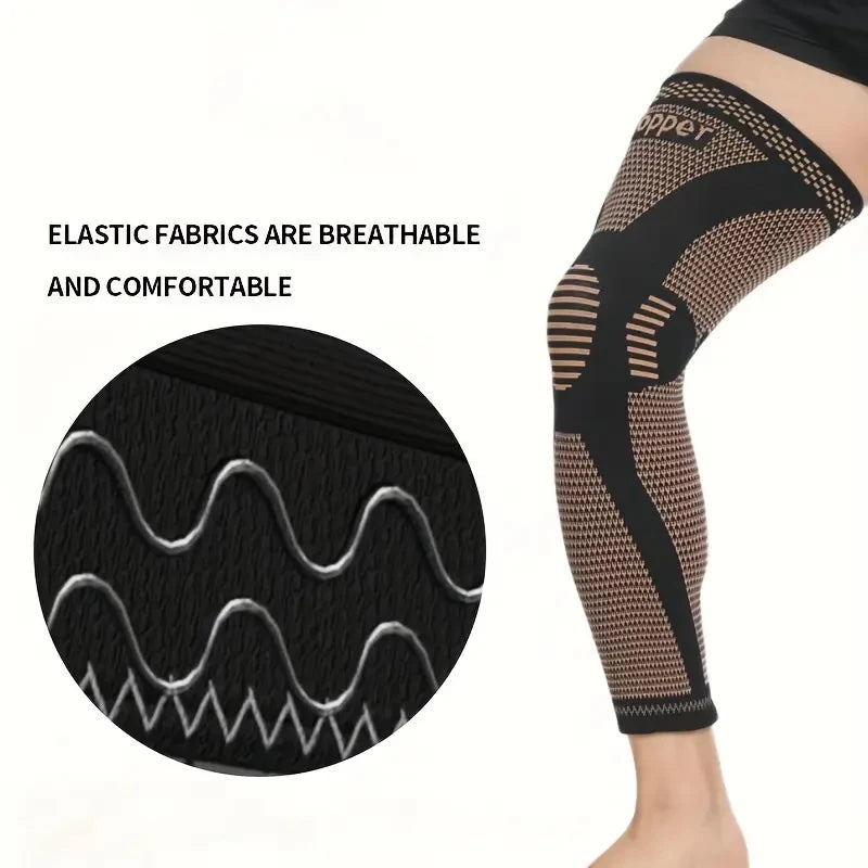 Adjustable compression knee brace made of polyester with copper infusion, designed for support and stability during physical activity.