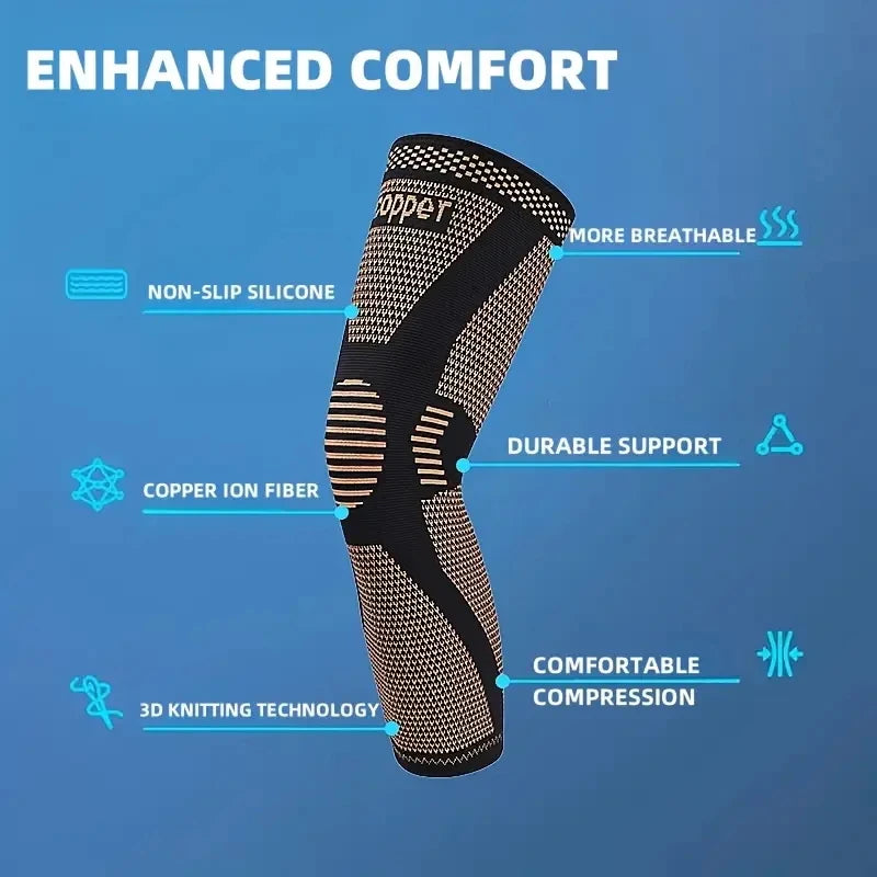 Adjustable compression knee brace made of polyester with copper-infused design, suitable for support and relief.