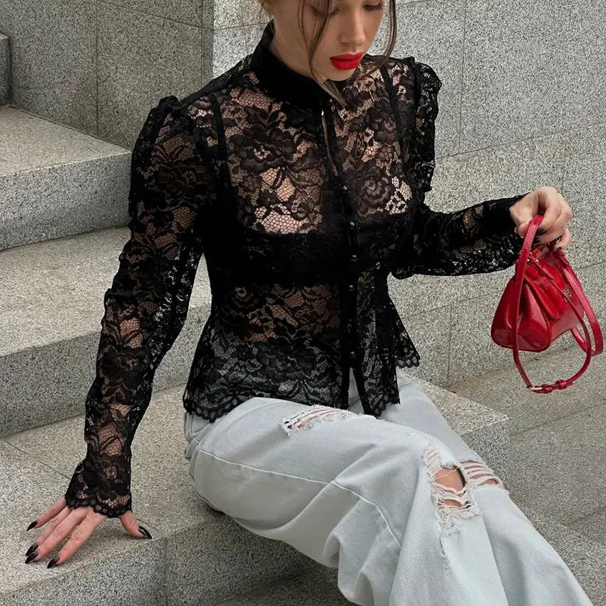 Elegant black lace blouse for women with a thread collar, stylish and sophisticated, by Corporación Turística.