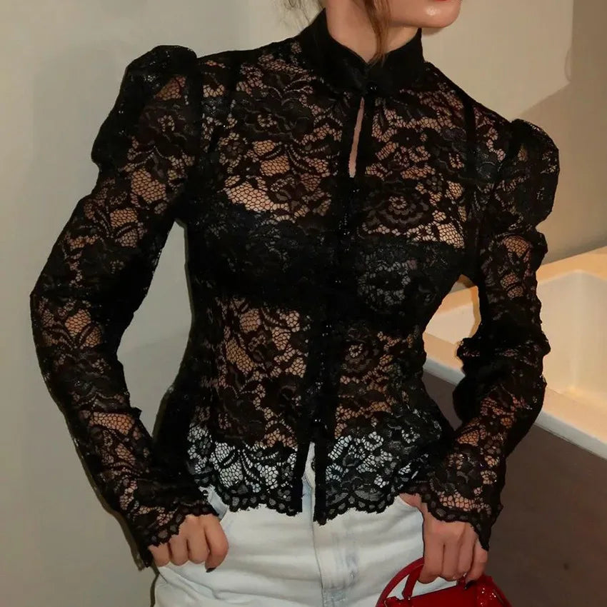 Elegant black lace blouse for women with a delicate thread collar, stylish and feminine, by Corporación Turística.