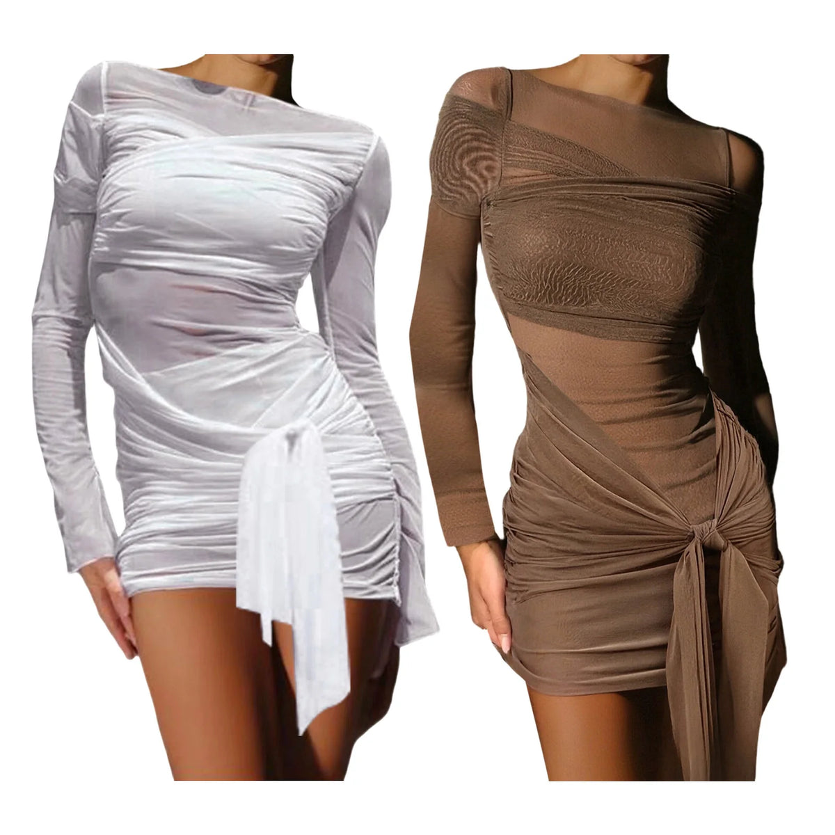 Transparent mesh mini dress for women by Corporación Turística, featuring a stylish and fitted design in brown fabric.