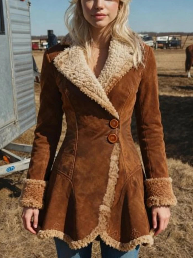 Dark brown women's suede coat with a faux fur collar, stylish and warm outerwear by Corporación Turística.